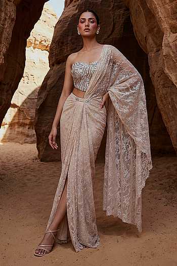 Lace Work Pre-Draped Saree & Blouse Set
