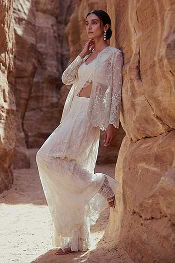 Sequin Lace Organza Jacket Pant Set