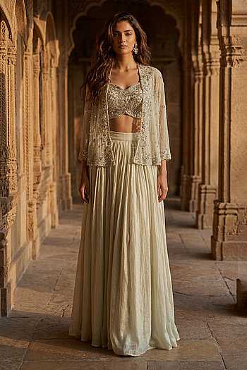 Buy Blue Georgette Sweetheart , Open Embroidered Jacket Lehenga