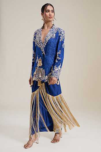 Floral Embroidered Blazer & Draped Skirt Set