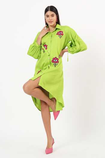 Ruhr India Green Cotton Collared Neck Floral Sequin Embroidered Dress| Aza Fashions