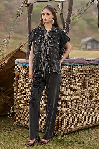 Buy Black Denim Collared Neck Giselle Tassel Tie Top And Pant Co