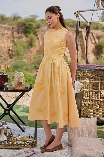 Buy Yellow Denim High Neck Adele Floral Embellished Dress For Women by Kay  Kay Online at Aza Fashions.