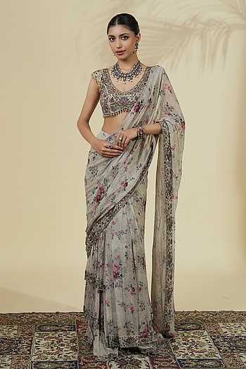 Vintage Rose Print Saree & Blouse Set