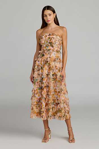 Floral Print Ruffled Strapless Dress