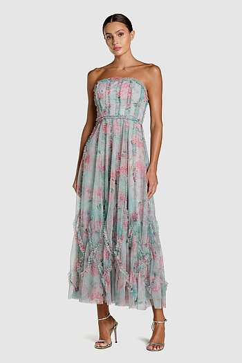 Floral Print Micro Ruffle Strapless Dress