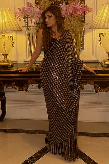 Colette Pinstriped Embellished Saree With Corset