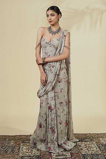 Vintage Rose Print Saree With Corset