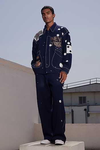 Buy Navy Suiting Telephone And Text Jacket With Baggy Pant For Men