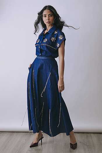 Hooked in Indigo Shirt & Skirt Set