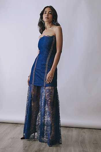 Indigo Mirage Strapless Dress With Lace Skirt