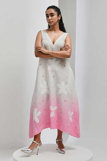 Floral Hand Print Hand Woven Linen Dress