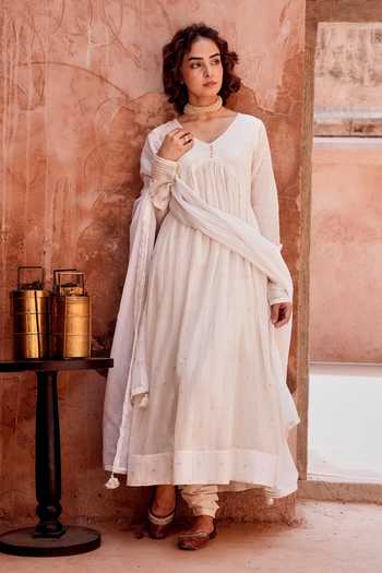 Off White Mul Cotton Anarkali Set