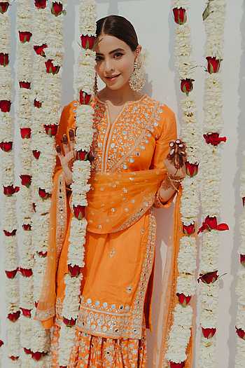 Mirror Embellished Orange Kurta Sharara Set