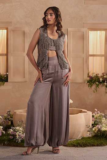 Zara Embroidered Overlay With Draped Harem Pant Set