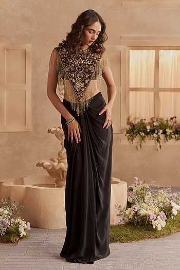 Zoe Embellished Cape & Draped Skirt Set