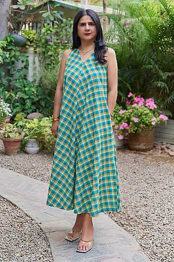 Handwoven Cotton Checked Sleeveless Midi Dress