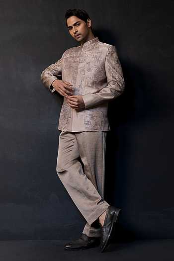 Champagne Grid Embroidered Bandhgala Set