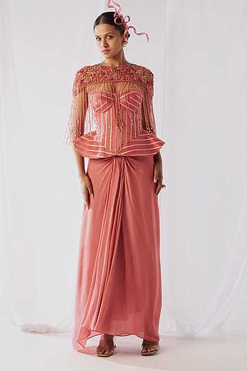 Striped Peplum Corset Draped Skirt Set