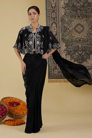 Sequin Embroidered Cape & Pre-Draped Saree Set