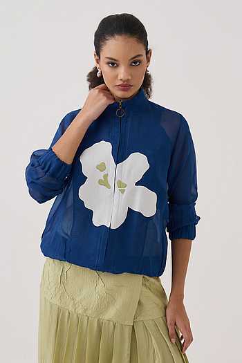 High Neck Floral Applique Bomber Jacket