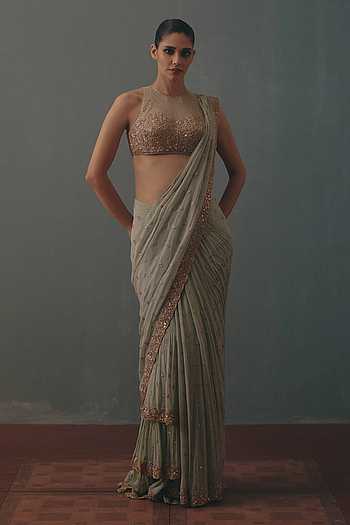 Embroidered Pre-Draped Saree With Blouse