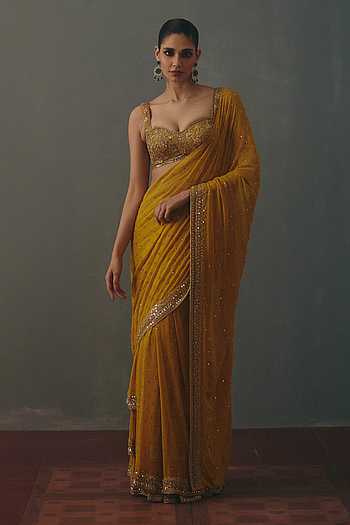 Hand Embroidered Pre-Draped Saree With Blouse