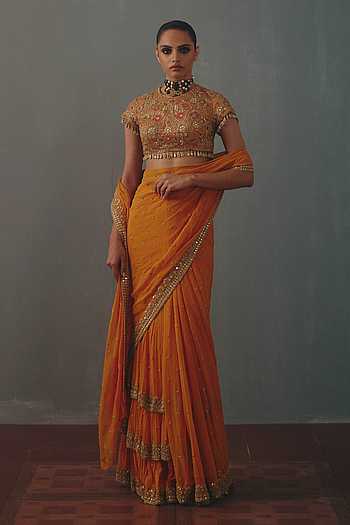 Hand Embroidered Pre-Draped Saree With Blouse
