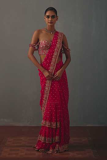 Border Embroidered Pre-Draped Saree With Blouse