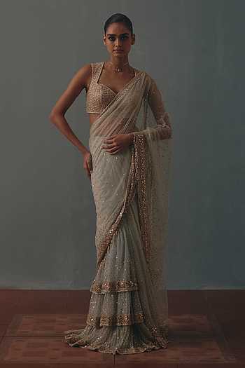 Hand Embroidered Pre-Draped Saree With Blouse