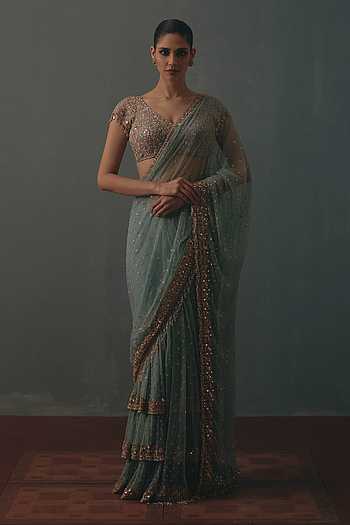 Hand Embroidered Pre-Draped Saree With Blouse