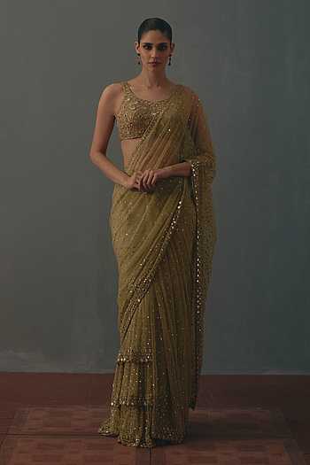Pre-Draped Saree With Embroidered Blouse