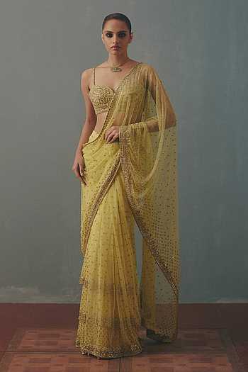 Mirror Work Pre-Draped Saree With Blouse