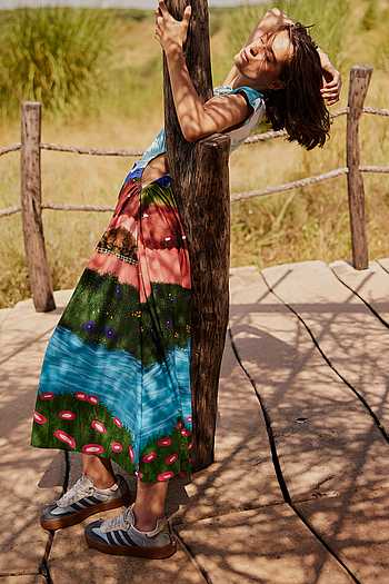 Buy Multi Color Lycra Round Neck Twirls And Tulips Dress For Women