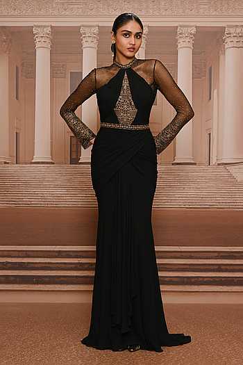 Embroidered Bodice Sculpted Draped Dress