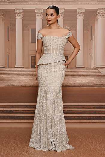 Lace Embroidered Skirt & Peplum Corset Set