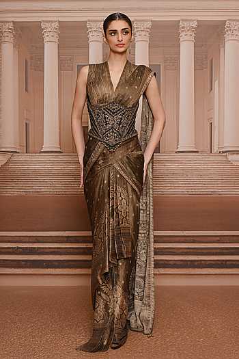 Pre-Draped Metallic Concept Saree Set With Corset