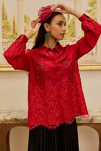Buy Red Silk Collared Neck Crimson Hand Embroidered Shirt For