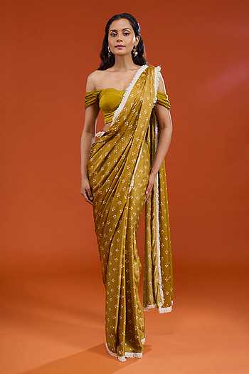 Floral Print Pre-Draped Saree With Blouse