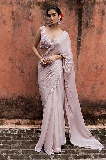 Traditional Border Premium Rose Organza Saree & Blouse Set