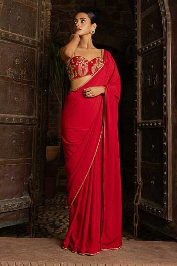 Peacock Hand Embroidered Blouse With Pre-Draped Saree