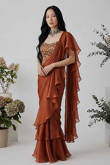Pre-Draped Ruffle Premium Korean Organza Saree & Blouse