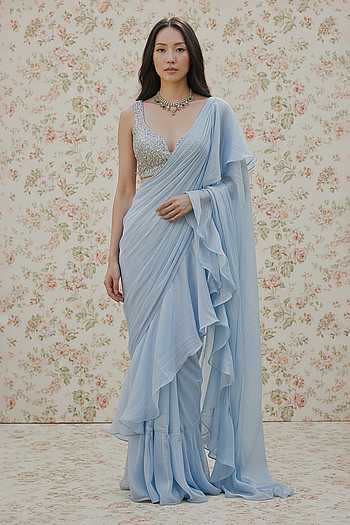 Ruffle Pre-Draped Saree With Blouse