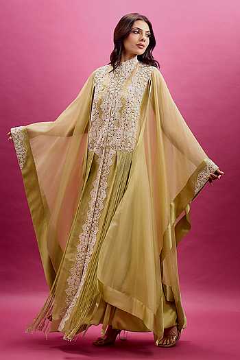 Embroidered Cape Draped Skirt Set