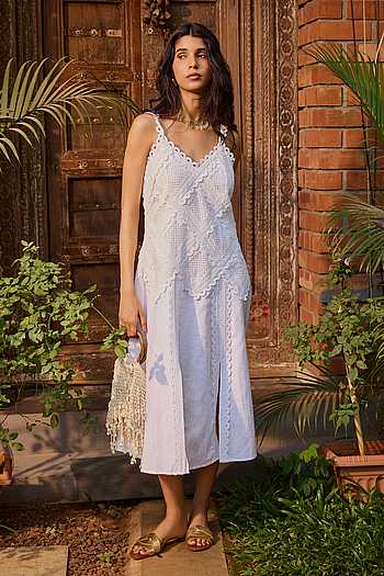 Ivory Lace Linen Midi Dress