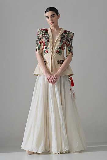 Hand Embroidered Cotton Silk Jacket & Skirt Set