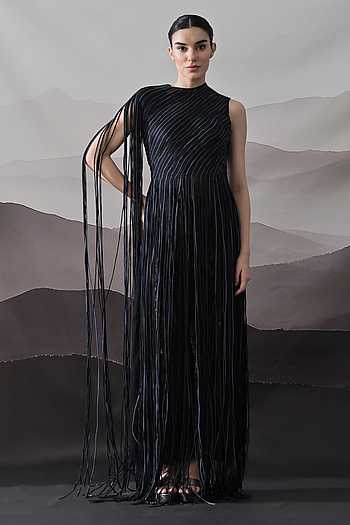 Textured Linear Cotton Silk Fringed Gown