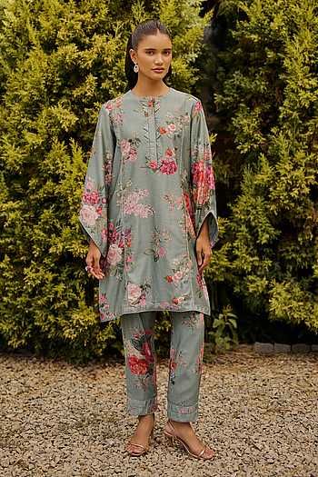 Sage Green Floral Print Kurta With Pant