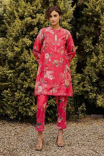 Floral Print Chanderi Kurta & Pant Set
