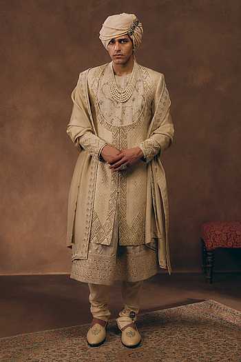 Gold & White Heritage Embroidered Sherwani Set
